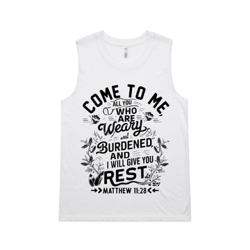 Women's White Tank Come to me, all you who are weary and burdened, and I will give you rest. - Matthew 1128