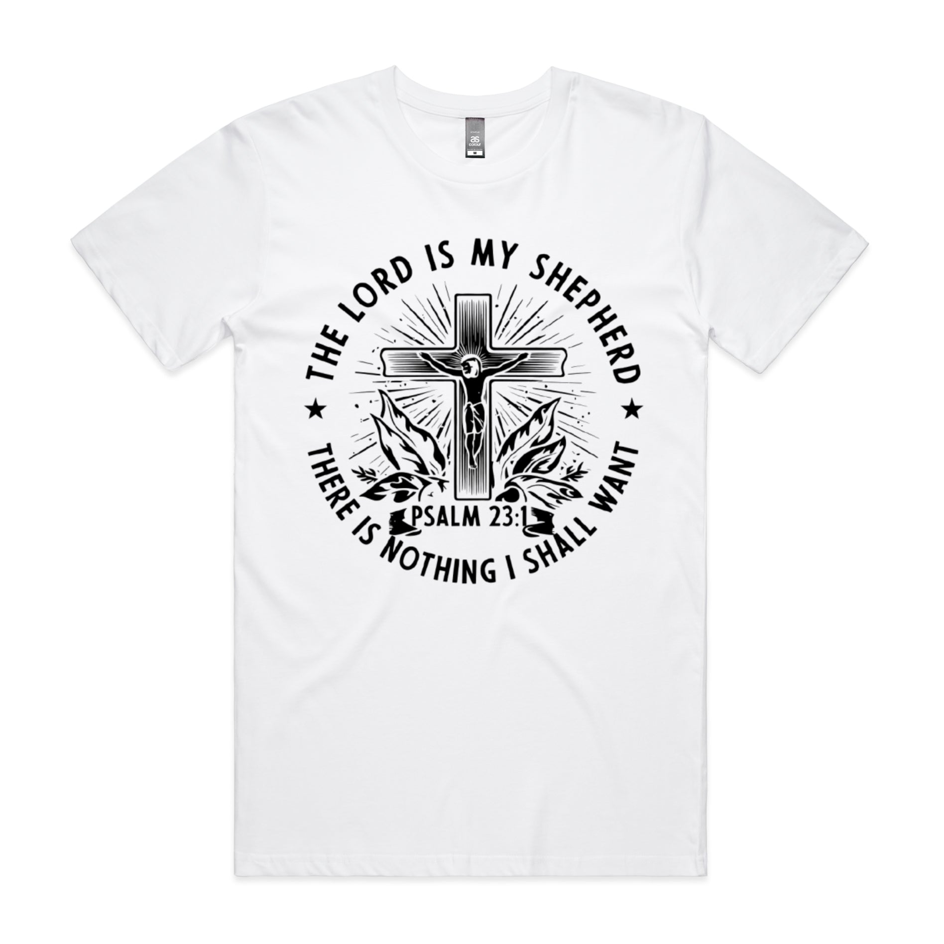 Men's White T-Shirt The Lord is my shepherd; there is nothing I shall want. - Psalm 231