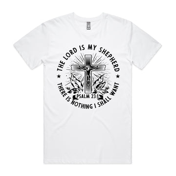 Men's White T-Shirt The Lord is my shepherd; there is nothing I shall want. - Psalm 231