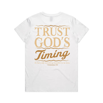 Women's White T-shirt Trust God's Timing - Ecclesiastes 311
